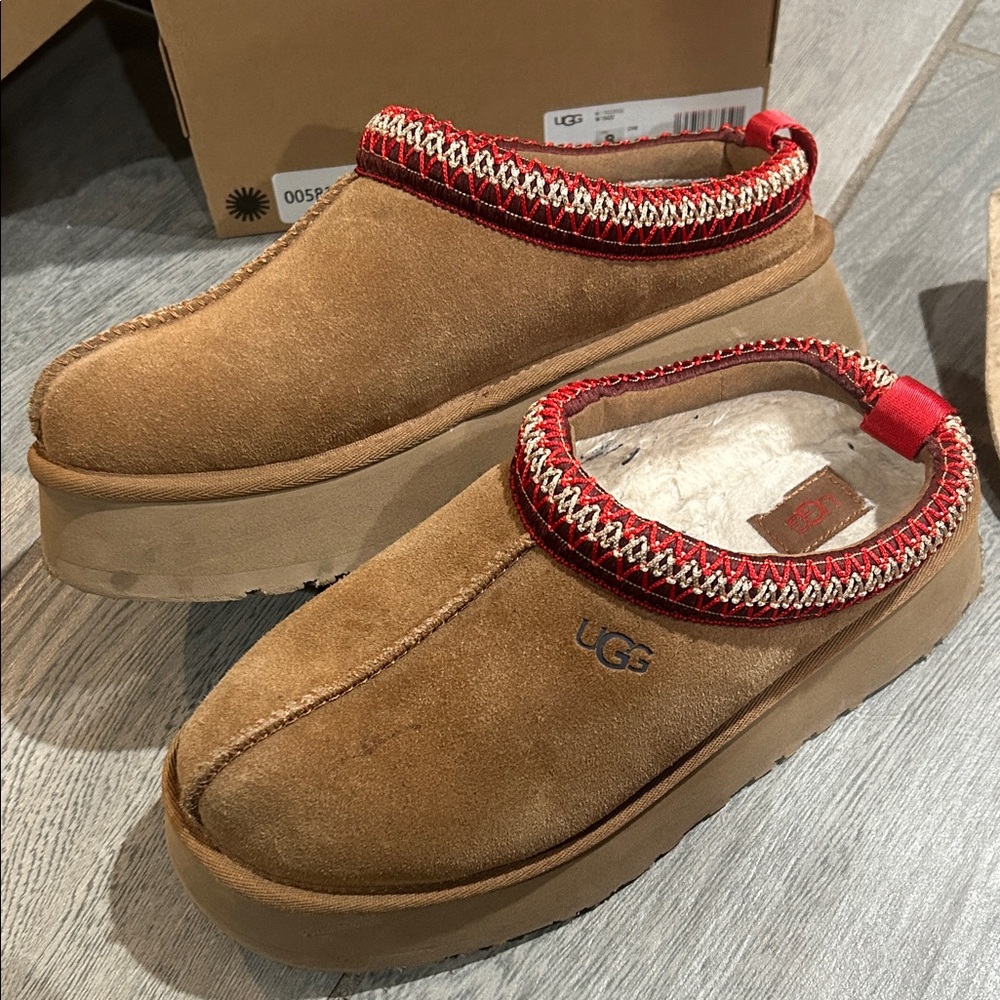 UGG Tazz Tan Slip-On Shoes with Red Accents